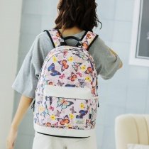 Beige Canvas with Colorful Animal Butterfly Print Book Bag Elegant Girls Preppy Large Middle School Backpack