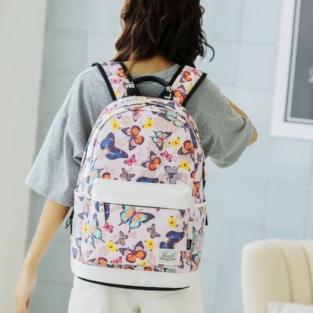 Beige Canvas with Colorful Animal Butterfly Print Book Bag Elegant Girls Preppy Large Middle School Backpack