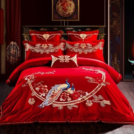 Gold Red and Blue Peacock Pattern Tribal Print Noble Excellence Egyptian Cotton Full, Queen Size Bedding Sets