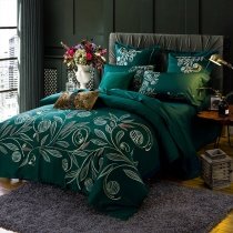 Dark Teal Tropical Leaf Simply Embroidered Full, Queen Size Bedding Sets
