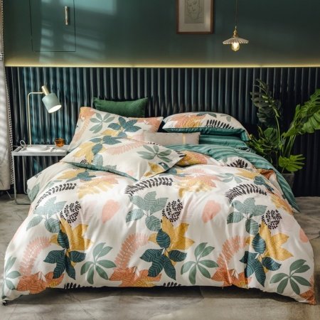 Green Pink and White Leaf Print Vintage Rustic Chic Full, Queen Size Bedding Sets
