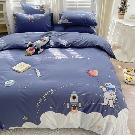 Blue and White Astronaut Rocket Funky Boys Kids Children Exploring Space Embroidered Twin, Full, Queen Size Bedding Sets