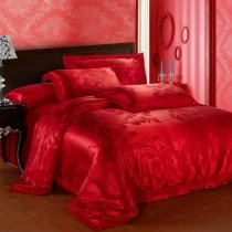 Dark Red Pure Color Love and Wedding Themed Full, Queen Size Jacquard Design Soft Satin Bedding Sets