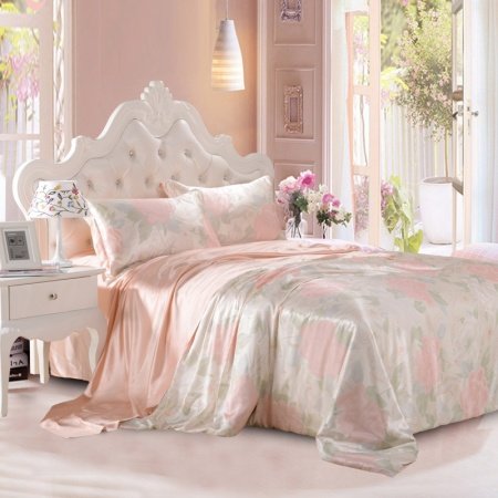 Green and Pink Gorgeous Retro Rose Garden Images 100% Mulberry Silk Full, Queen Size Bedding Sets