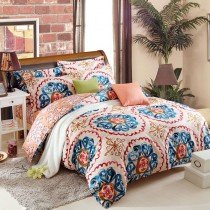 Rust Orange Blue Yellow and White Tribal BOHO Style Exotic Gypsy Themed Indian Pattern Multi-color Circle Print Full, Queen Size Bedding Sets