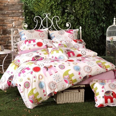 Lime Green Red and Pink Elephant Animal Print Little Girls Cute Girly Organic Cotton Twin, Full, Queen Size Bedding Sets