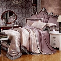 Puce and Champagne Tribal Pattern Moroccan Style Royal Theme Luxury Lace Edge Jacquard Design Full, Queen Size Bedding Sets