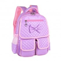 Embossed Lavender Purple Patent Leather Cute Bow Girls School Backpack Stylish Plaid Durable Sewing Pattern Preppy Book Bag