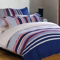 Boys Navy Blue Red and White Awning Stripe Print Masculine Style Traditional Reversible 100% Cotton Twin, Full, Queen Size Bedding Sets