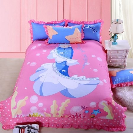 Hot Pink Ocean Blue and Light Blue Stylish Mermaid Print Princess Style Personalized 100% Cotton Twin, Full Size Bedding Sets for Girls