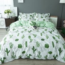 Forest Green and White Cactus Print Desert Plants Shabby Chic Natural Reversible 100% Cotton Twin, Full Size Bedding Sets