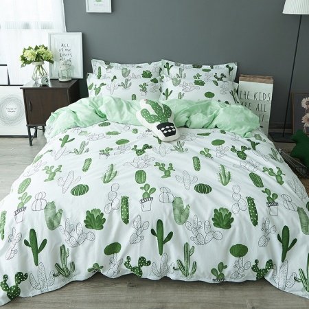 Forest Green and White Cactus Print Desert Plants Shabby Chic Natural Reversible 100% Cotton Twin, Full Size Bedding Sets