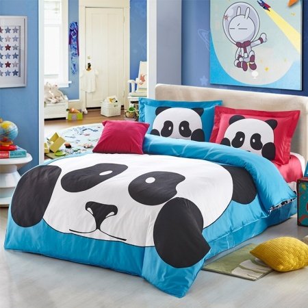 Black White and Blue Panda Print Hipster and Funny Cartoon Themed Personalized 100% Cotton Full Size Bedding Sets