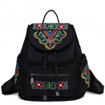 Bohemian Baroque Style Black Nylon Ruffle Women Travel Flap Drawstring Diaper Backpack Vintage Embroidered Folklore School Book Bag