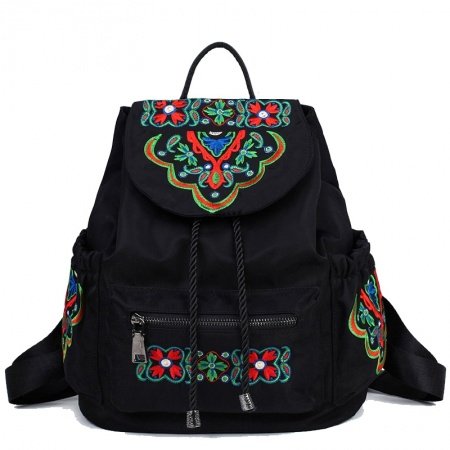 Bohemian Baroque Style Black Nylon Ruffle Women Travel Flap Drawstring Diaper Backpack Vintage Embroidered Folklore School Book Bag