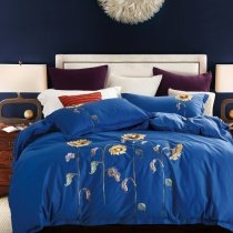 Sapphire Blue Goldenrod and Pistachio Green Sunflower Pattern Vintage Style Embroidered Design 100% Cotton Full, Queen Size Bedding Sets