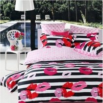 Hot Pink Red Black and White Stripe and Sexy Kiss Print Stylish Romantic Cute Girly 100% Cotton Full, Queen Size Bedding Sets