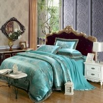 Jade Color and Gold Scroll Pattern Vintage Lace Design Sparkle Fabric Jacquard Satin Full, Queen Size Bedding Sets