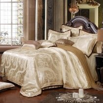Champagne Gold Abstract Scroll Pattern Embroidered Design Boutique Noble Excellence Sparkly Jacquard Satin Full, Queen Size Bedding Sets