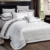 Luxury Silver White and Black Abstract Ogee Pattern Sequin Wedding Themed Embroidered Design Jacquard Satin Full, Queen Size Bedding Sets