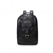 Durable Black Faux Leather Embossed Wolf Head Large Travel Backpack Vintage Punk Rock and Roll Spike Rivet Studded School Campus Book Bag