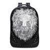 Vintage Black Leather Engraved Metallic Silver Lion Head Boys School Book Bag Punk Rock and Roll Spike Rivet Studded Travel Backpack