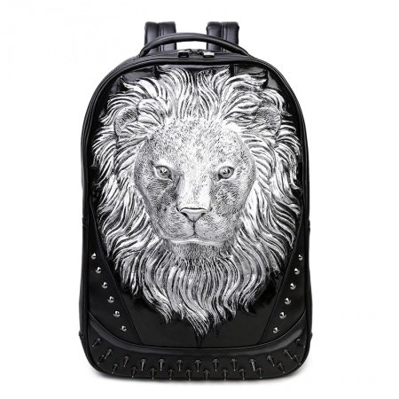 Vintage Black Leather Engraved Metallic Silver Lion Head Boys School Book Bag Punk Rock and Roll Spike Rivet Studded Travel Backpack