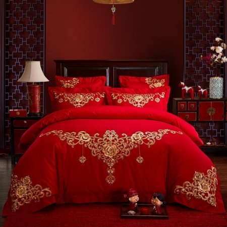 Luxury Red and Gold Indian Pattern Noble Excellence Embroidered Full, Queen Size Bedding Sets