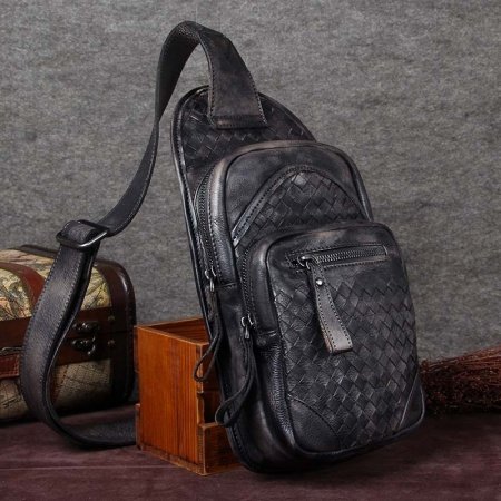 Black Distressed Waxed Genuine Cowhide Leather Crossbody Shoulder Chest Bag Vintage Braided Masculine Men Casual Travel Sling Backpack