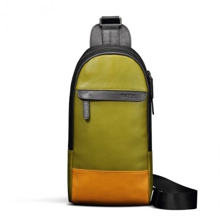 Yellow Green Distressed Genuine Cowhide Leather Men Crossbody Shoulder Chest Bag Vintage Anti Theft Casual Travel Hiking Sling Backpack