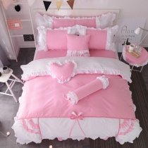 Pastel Pink and White Romantic Scalloped Ruffle Lace Bow Sophisticated Elegant Girls Princess Twin, Full, Queen Size Bedding Sets