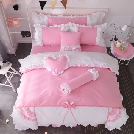 Pastel Pink and White Romantic Scalloped Ruffle Lace Bow Sophisticated Elegant Girls Princess Twin, Full, Queen Size Bedding Sets