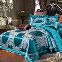 Fancy Dark Teal and White Gothic Pattern Modern Chic Western Style Luxury Jacquard Satin Full, Queen Size Bedding Sets