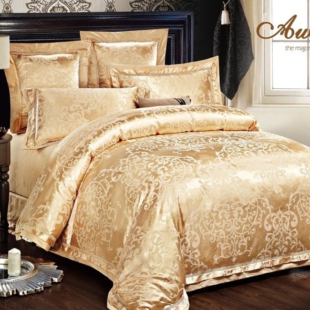 Luxury Royal Gold Indian Tribal Pattern Modern Bohemian Style Jacquard Satin Full, Queen Size Bedding Sets