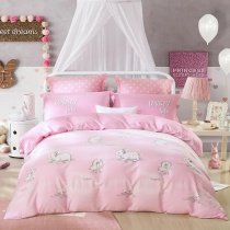 Girls Cute Rabbit Print Farm Animal Cartoon Themed Funny Style Twin, Full, Queen Size Bedding Sets in Blush Pink and White