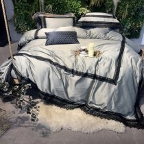 Upscale Villa Silver Gray and Black Vintage Victorian Lace Border Noble Excellence Embroidered Adults Full, Queen Size Bedding Sets