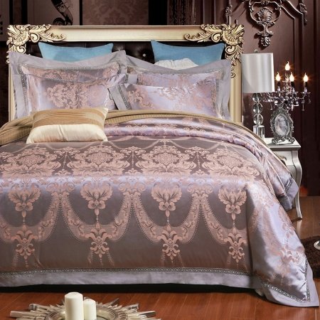 Bohemian Style Sparkle Gray and Gold Tribal Print Retro Shabby Chic Luxury Jacquard Satin Full, Queen Size Bedding Sets