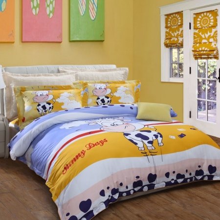 Dark Blue White Gold Red and Sky Blue Farm Animal Themed Cow Monogrammed Cloud Heart Polka Dot Print Twin Queen Size Bedding Sets