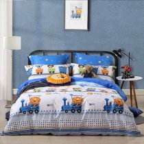 White Orange Gray and Blue Lion and Train Print Animal Themed Funky Kids Twin, Full, Queen Size Bedding Sets