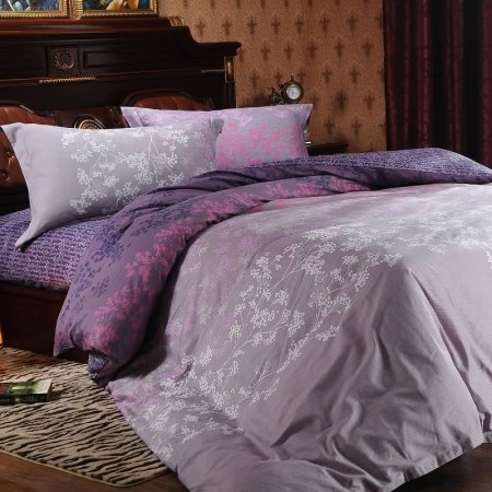 Gray White and Purple Pink Forest Scene Tree Top Print Full, Queen Size Bedding Sets