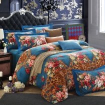 Cerulean Blue Brown and Red Animal Leopard, Cheetah Print with Garden Images Floral Design Full, Queen Size Sexy Bedding Sets