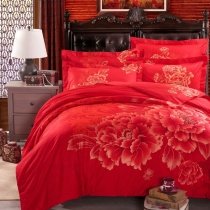 Chinese Red and Royal Gold Vintage Peony Blossom Print Luxury Asian Inspired Girls Cotton Full, Queen Size Bedding Sets
