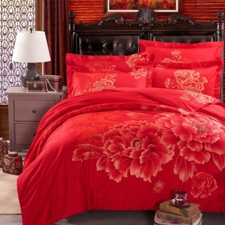 Chinese Red and Royal Gold Vintage Peony Blossom Print Luxury Asian Inspired Girls Cotton Full, Queen Size Bedding Sets