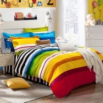 Yellow Blue and Red Colorful Rainbow Stripes Traditional and Vogue Simply Chic Boys 100% Cotton Damask Twin, Full, Queen Size Bedding Sets