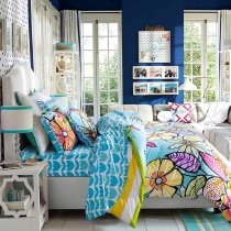 Purple Turquoise and Orange Bright Colorful Flower Print Tropical Fabric Rustic Cabin 100% Cotton Twin, Full Size Bedding Sets