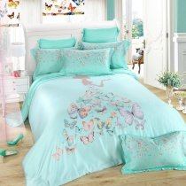 Turquoise Grey and Pink Butterfly Print Little Girl Pattern Contemporary Modern Princess Style 100% Tencel Full, Queen Size Bedding Sets