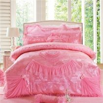 Pink Victorian Lace and Gathered Ruffle Heart and Rose Pattern Princess Style Jacquard Linen Full, Queen Size Bedding Sets