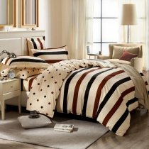 Coffee Brown and Beige Rugby Stripe and Polka Dot Design Traditional Reversible 100% Cotton Twin, Full, Queen Size Bedding Sets