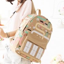 Khaki Brown Canvas Colorful House Junior Preppy School Book Bag Personalized Casual Travel Backpack Durable Hip-hop 14 Inch Laptop Bag