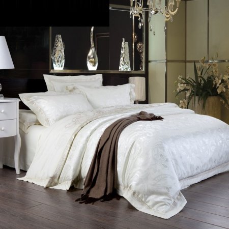 Snow White Paisley Pattern Luxury Hotel Style Romantic Wedding Themed Modern Chic Jacquard Satin Full, Queen Size Bedding Sets